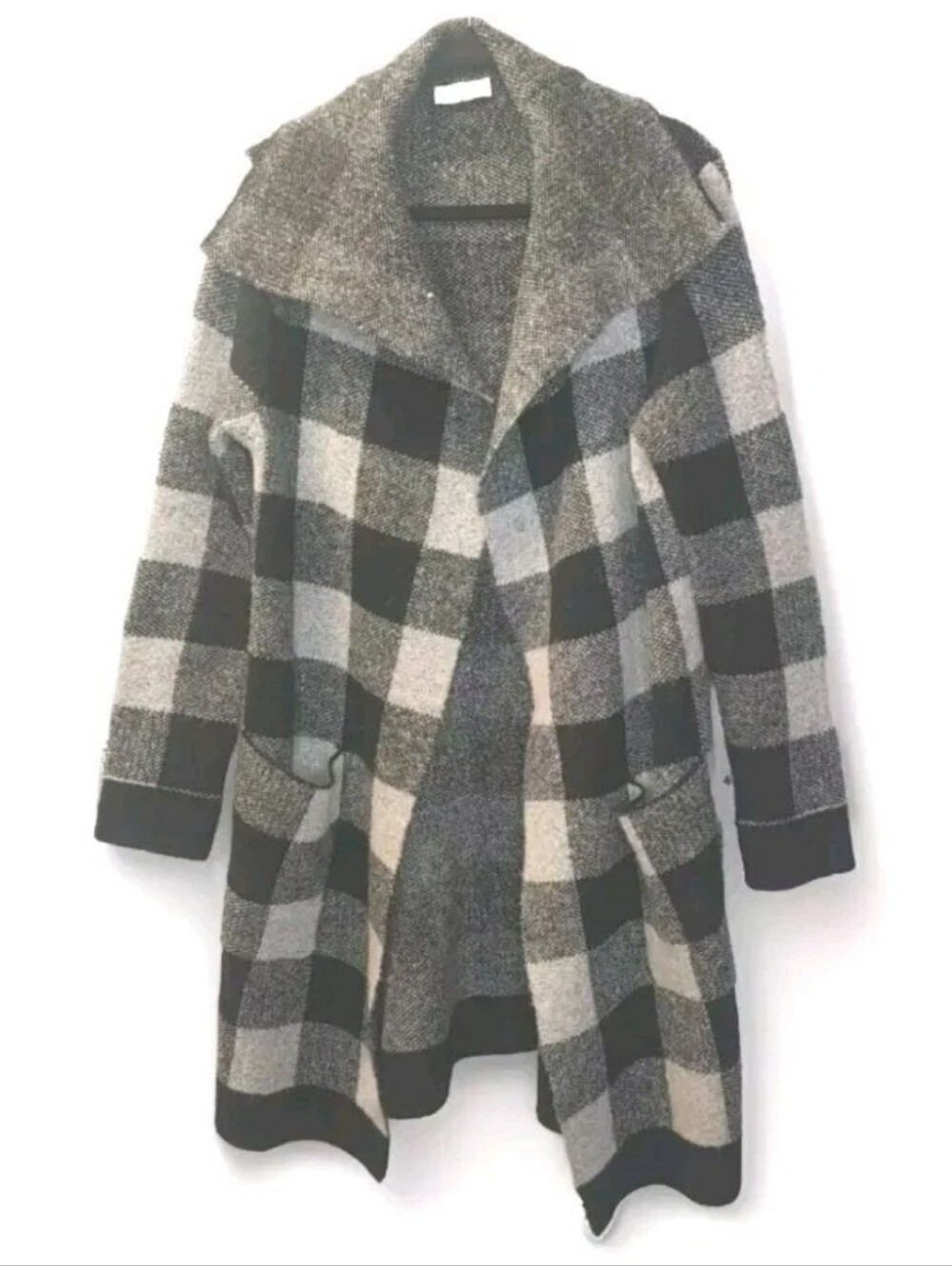 Evolution By Cyrus Woman M Sweater Jacket Shawl Collar Grey Buffalo Check Preppy